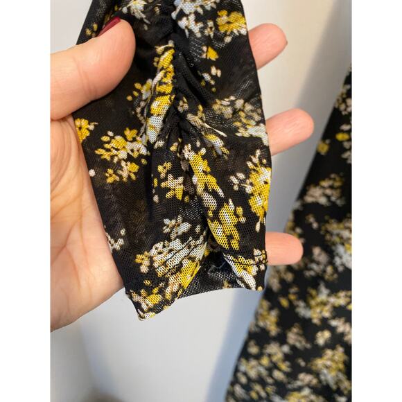 AFRM Tezza Black & Yellow Floral Ruched Mesh Midi Long Sleeves Dress Womens XS - Picture 5 of 11